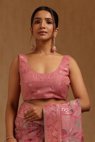 Soch Womens Blush Pink Chanderi Floral Zari Woven Saree