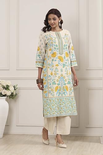 Biba Women Off White Cotton Straight Kurta_36