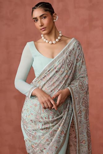 Soch Womens Powder Blue Georgette Embroidered Saree