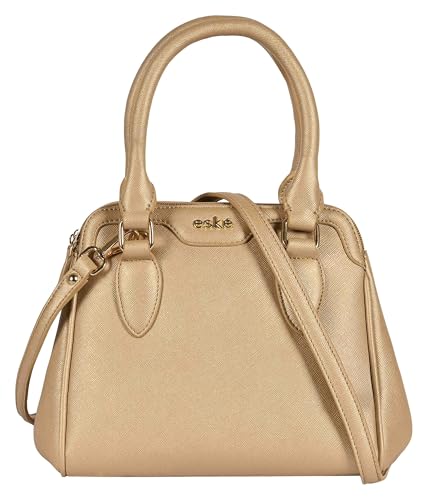 eske Benito Vegan Leather Handbag, Dual Compartment, Magnetic Snap Closure, Textured Saffiano Finish (Gold)