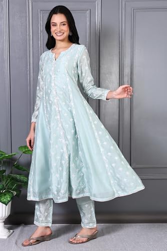 Wishful Women’s Thread Embroidered Silk Chanderi Flared Kurta and Straight Pant, Dupatta Set (Size: XL)-SP12468-400951