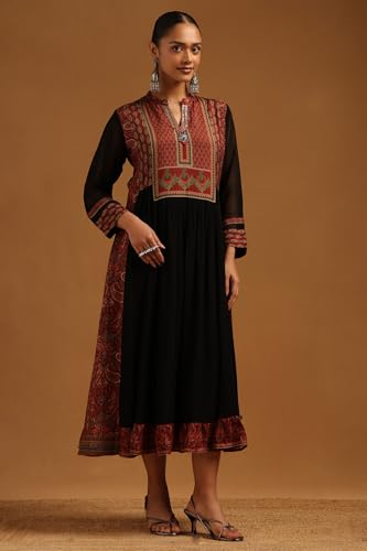 Soch Womens Black Muslin Ethnic Motifs Dress with Sequins