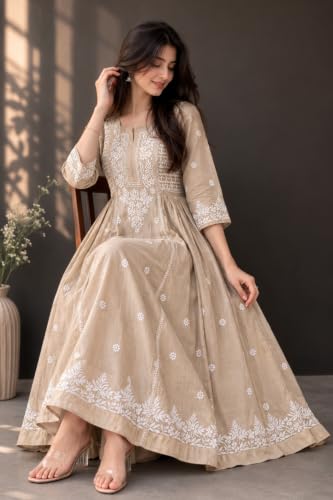 Chikankari Gown Beige Floral Embroidered Anarkali Size M