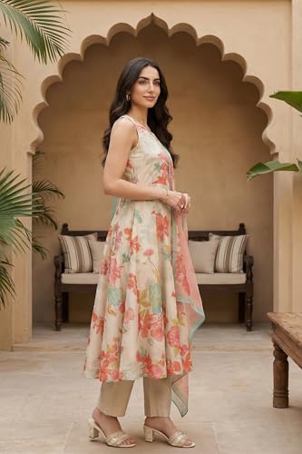W for Woman Cream Floral Printed Tissue Crepe Sleeveless Anarkali Kurta with Straight Pants and Dupatta Set - (WS13666-126971-M)