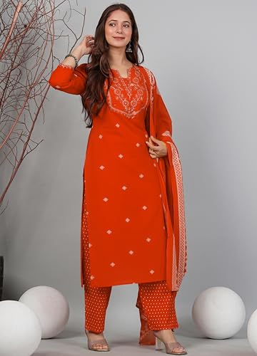 Amayra Women's Pure Cotton Embroidered Straight Kurta Set with Palazzo Pants & Dupatta- Ethnic Wear, Orange(TCK698,XXL)