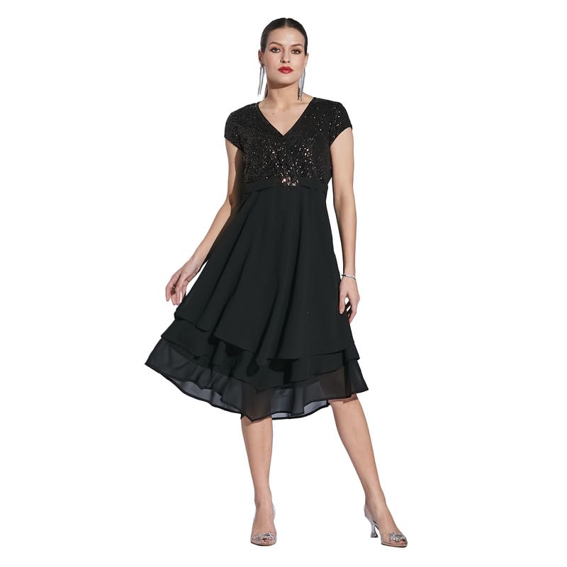Latin Quarters Women Black V-Neck Cap Sleeve Solid Dress_XXL