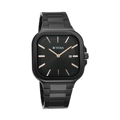 Titan Men Stainless Steel Analog Black Dial Watch-90176Nm01, Band Color-Black