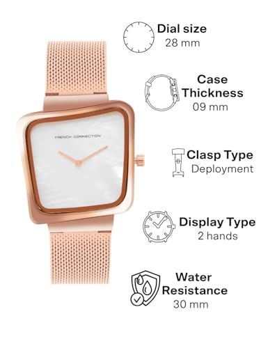 French Connection Mop White Square Dial with Rose Stainless Steel Mesh Strap Watch - for Womens FCU6SRGM