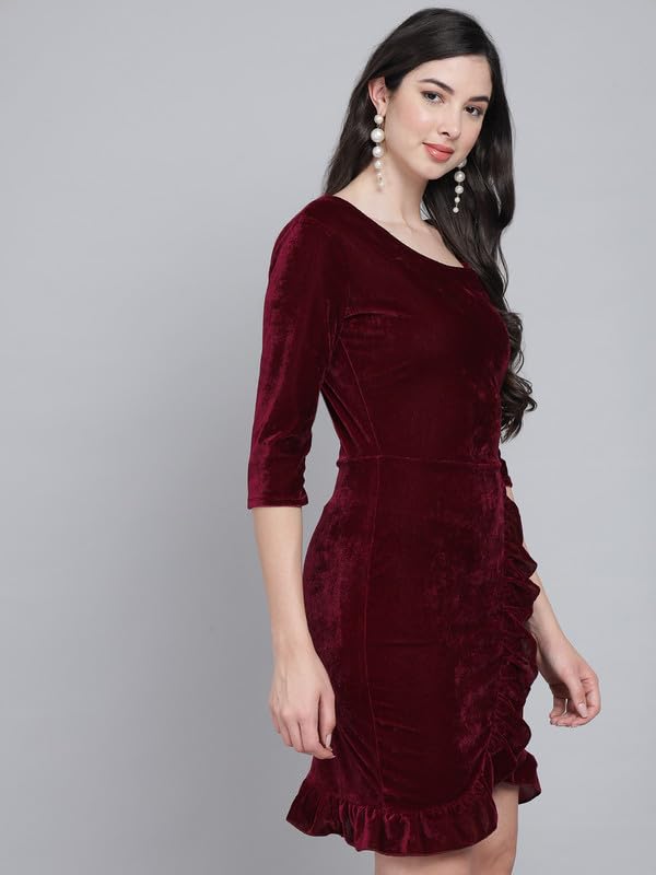 Vaararo Bodycon Party Dress for Women with Hemline Ruffles | One Shoulder Quarter Sleeves Shiny Velvet Outfit Wine X-Small