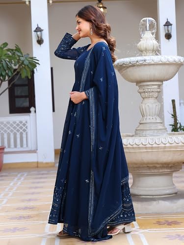 Fashion Basket Women's Georgette Anarkali Lond Dress with Duptta Turquoise