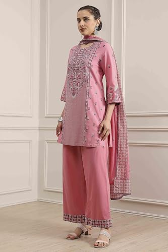 Biba Women's Light Pink Cotton Straight Printed Suit Set
