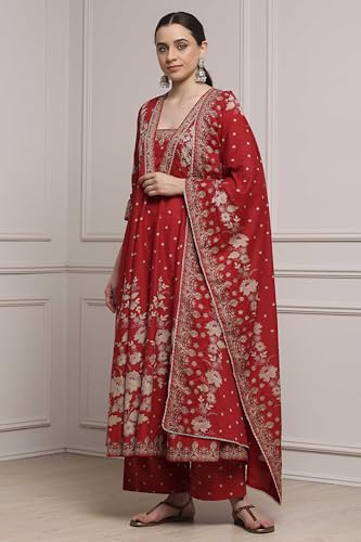 Biba Women Red Cotton Anarkali Printed Suit Set_34