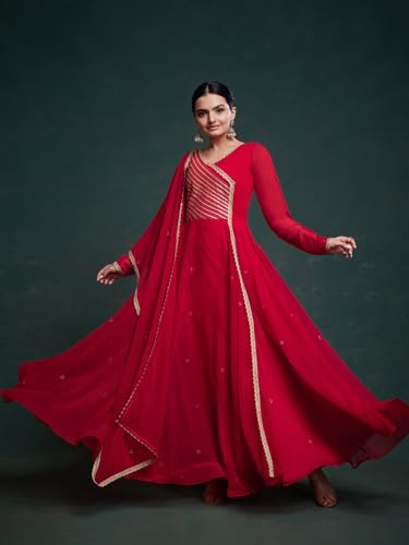 FUSIONIC Red Gota Patti Embellished Gown with Dupatta