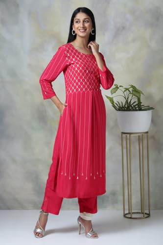 BIBA Women Fuchsia Rayon Straight Kurta Pants Set_46