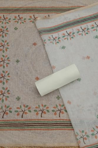 Soch Womens Cream Kota Botanical Print Unstitched Dress Material With Thread Work
