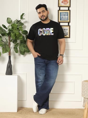 JOHN PRIDE Plus Size Men Regular Fit Printed Short Sleeves Black Round Neck Stretchable T-Shirt (JPTSR32444_6XL_Black)