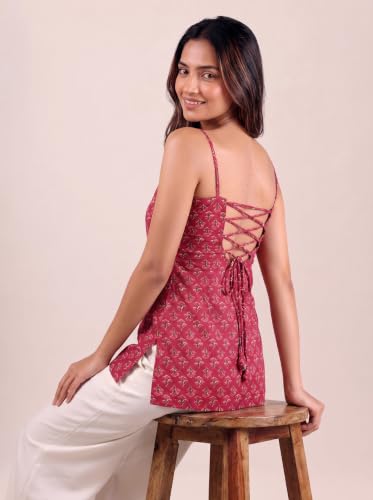 Rangrooh Women's Cotton Sleeveless Kurti | Corset Back Straight Kurta | Printed Ethnic Short Top for Office & Casual Wear - Rose Red