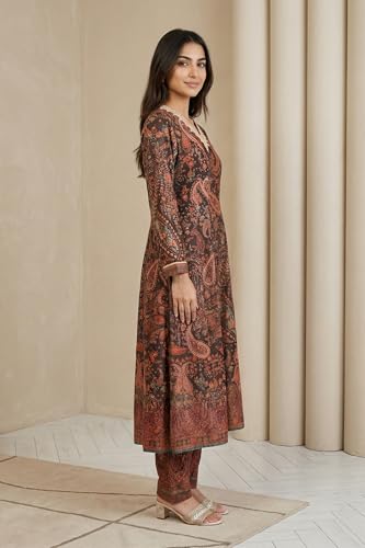 W for Woman Coffee Brown Paisley Printed Thread Embroidered Velvet A-line Winter Kurta with Straight Pants and Dupatta Set - (WS13326-127262-L)