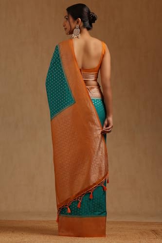 Soch Womens Teal Viscose Silk Geometric Zari Woven Saree