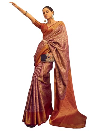 AKHILAM Women's Banarasi silk Ethnic Motif Printed Saree With Unstitched Blouse Piece(Mauve_KINKHAB1204_RJ)