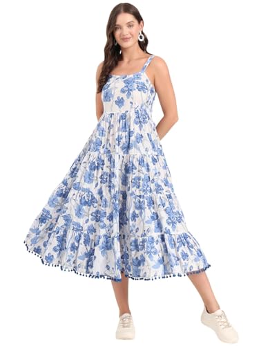 Divena Blue Printed Cotton Shoulder Strap Pompom Dress