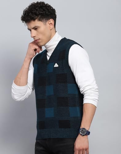 Monte Carlo Mens Self Design Navy Blue V Neck Sleeveless Sweater (1243243SL-2-40)