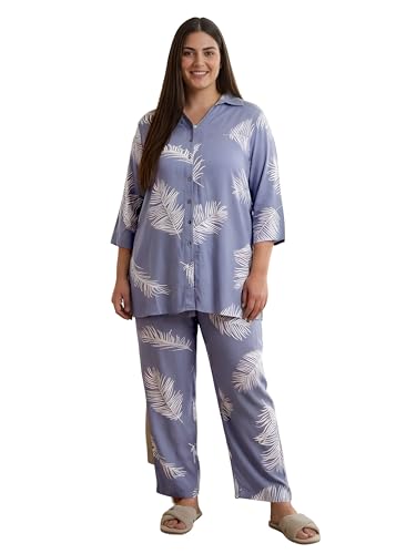 Indietoga Women Plus Size Rayon Shirt and Pyjamas Nightsuit (P50001452_Blue Printed_3XL)