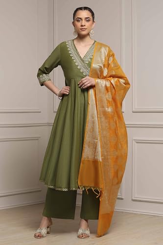 Biba Women Sage Green Polyester Blend Anarkali Embroidered Suit Set_36