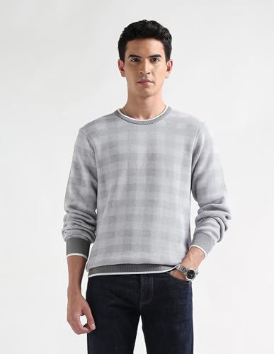 Arrow Men's Checked Regular Fit Sweater (ARAKSW4127_Light Grey_L)