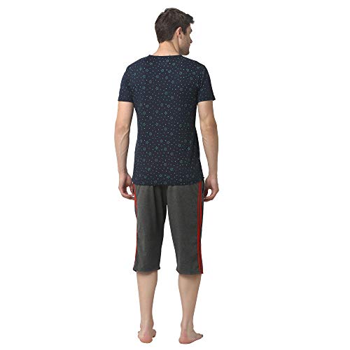 Mack JONNEY Cotton Blend Night Suit Co-ord Set for Men with V-Neck Half Sleeve T-Shirt and Capri-V_P1NVY_C2_ANT_02-XXL