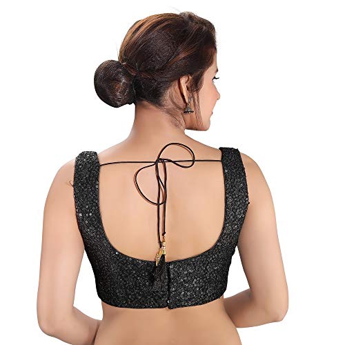 Vamas Women's Net Embriodered Sleeveless Readymade Saree Blouse (X-822NS_Black_38)