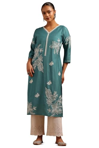 Soch Womens Teal Desert Storm Botanical Kurta with Machine Embroidery and Thread Work