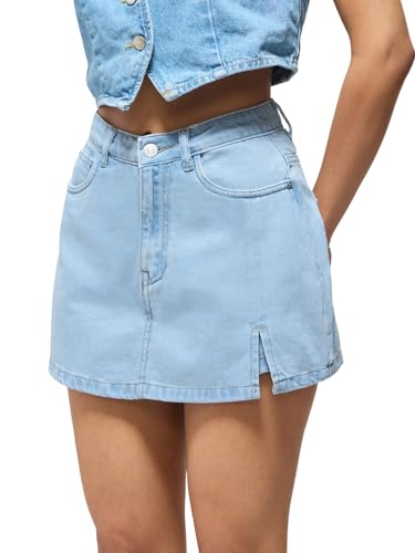 The Souled Store Denim Skorts: Cloud Blue Women Buttoned Waistband Ash Grey Solid Cotton Denim Regular Fit Side Slit Raw Hem Comfortable Lightweight Everyday All-Season Skorts