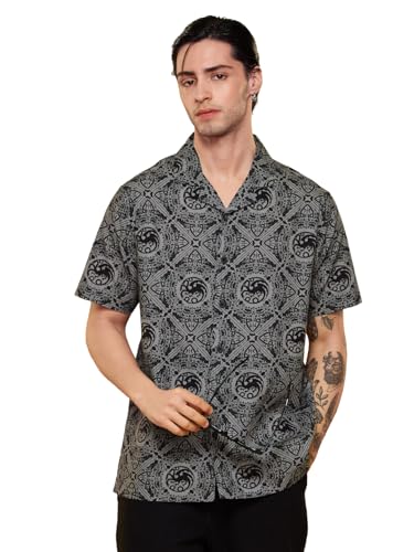 The Souled Store Official House of The Dragon: Fire Reigns Supreme Men and Boys Short Sleeves Collared Neck Button Front Grey All Over Printed Cotton Holiday Shirts