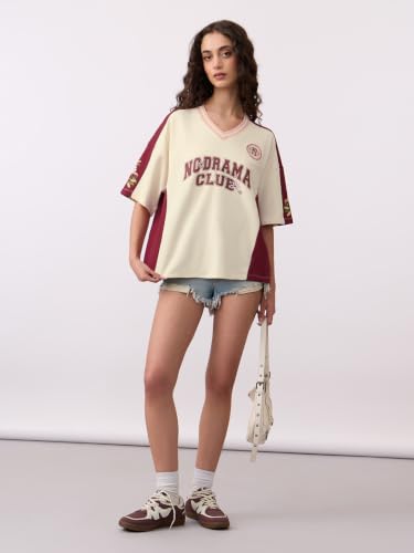 The Souled Store No Drama Women and Girls Short Sleeves V-Neck Cream and Maroon Graphic Printed Cotton Casual Drop Shoulder Breathable Lightweight All Season Oversized T-Shirts