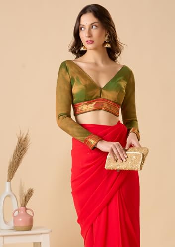 S SALWAR STUDIO Green Cotton Tissue V Neck Full Sleeves Readymade Blouse with Paithani Lace Border