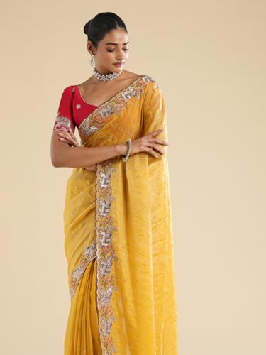 AKHILAM Women's Yellow Satin Elephant Embroidered Saree With Unstitched Blouse Piece (ANIKA2701_AG)