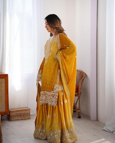 LEELI PEERI DESIGNER Women's Chinon Silk Mustard Embroidery Kurta Sharara Set With Dupatta(45PDM6-XL)