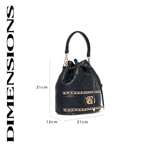Akiki London Women's Hanwell 21 Small Bucket Bag|comes with a Dog Charm|Metal Finish|Stylish Ladies Purse|Party Handbag for Women