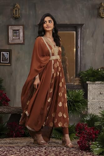 BIBA Women Brown Pure Banarasi Brocade Kalidar Suit Set_38