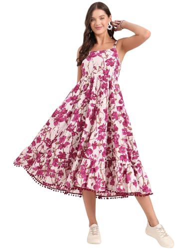 Divena Purple Printed Cotton Shoulder Strap Pompom Dress