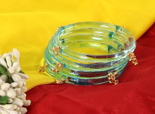 STYOLLO Crystal Kashmiri Ghungroo Glass Kada For Women & Girls | Decorative Stone Pattern | Festival Party Jewelry | Glass Bangle For Gift - Set of 4 (SYL_ABS6-Surf-2.8)
