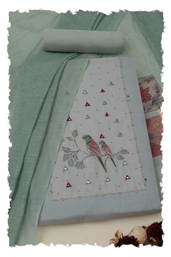Soch Womens Grey Linen Blend Embroidered Unstitched Dress Material With Mirror Work