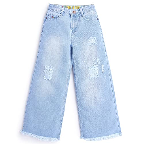 Knit N Knot Girls' Kids Premium Ice, Light Blue Wide Leg Flared Fit Relaxed Loose high Waist Ripped Ruptured Jeans | Casual Festival Occassional wear | Non Stretch | Frayed Bottom | Adjustable Waist