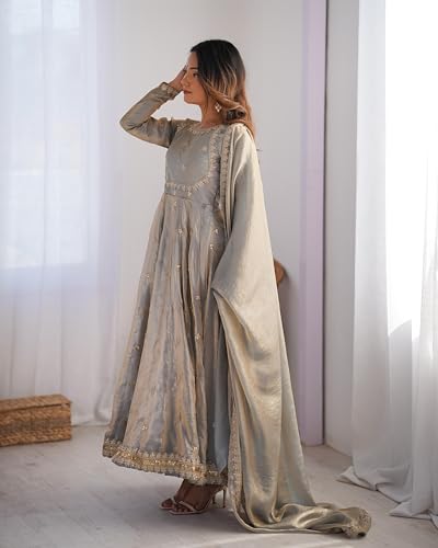 Leeli Peeri Designer Women's Fandy Silk Sequence Work Anarkali Kurta with Trouser and Dupatta(50PDM3-M)