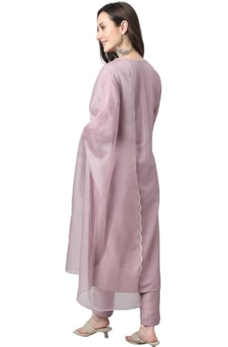 Janasya Women's Lavender Chinon Embellished Kurta with Pant and Dupatta(SET566-KR-NP-XL)