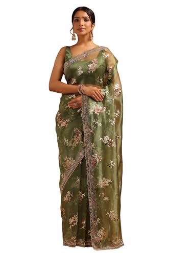Soch Womens Green Organza Floral Saree With Stone Work
