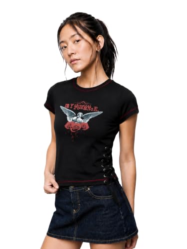 The Souled Store Chemical Romance Women and Girls Short Sleeves Round Neck Black Graphic Printed Cotton Slim Fit Lace-Up Edgy Comfortable All Season Knit Tops