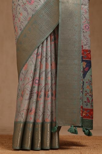 Soch Womens Light Teal Tussar Botanical Print Saree