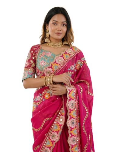 Bhagyavati Designer Soft Rangoli Silk Saree for Women with Mirror & Sequins Embroidery, Cutwork Border & Stitched Blouse (RaniPink)